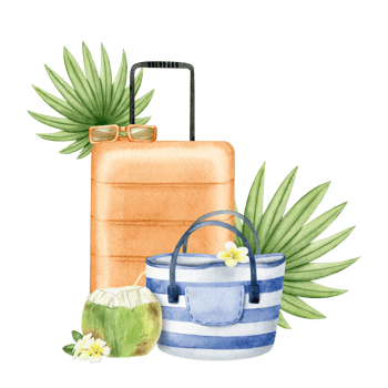 Travel orange suitcase, striped beach bag, sunglasses, coconut cocktail, tropical palm leaves. Tourism. Summer vacation. Watercolor illustration. Isolated. For postcards, marketing, invitations. png