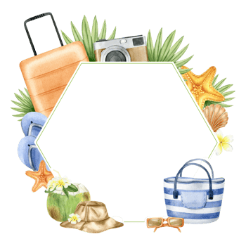 Travel orange suitcase, striped beach bag, panama hat, photo camera, tropical leaves, starfish, coconut. Frame with summer beach accessories and tropical leaves. Watercolor illustration. Isolated. png