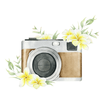 Vintage camera with white flowers and green leaves . Brown photo camera. Watercolor hand drawn illustration. Isolated. For logo, wrapping paper, postcards design png