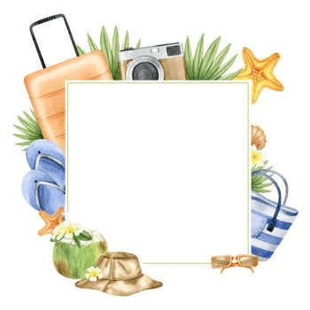Travel orange suitcase, striped beach bag, panama hat, photo camera, tropical leaves, starfish, coconut. Frame with summer beach accessories and tropical leaves. Watercolor illustration. Isolated. png