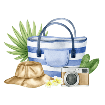 Striped beach bag, panama hat, photo camera, tropical leaves and plumeria flowers. Tourism. Summer vacation. Watercolor illustration. Isolated png
