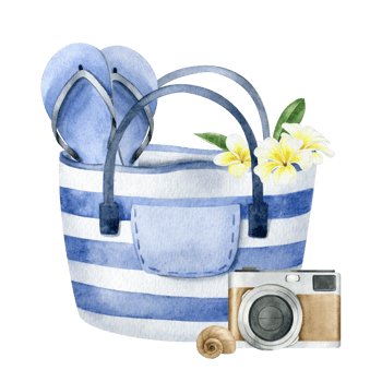 Striped beach bag, flip-flops, camera, tropical leaves and plumeria flowers. Tourism. Summer vacation. Watercolor illustration. Isolated png
