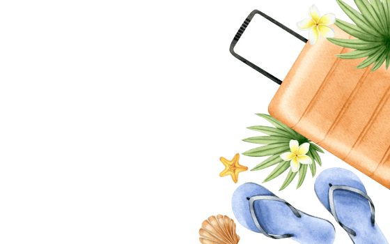 Travel orange suitcase, flip-flops, tropical leaves, starfish, seashells and frangipani flowers. Banner with summer beach accessories and tropical leaves. Watercolor illustration. Isolated. png