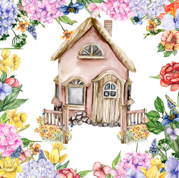 Watercolor farm composition with flowers. House in cartoon style. Hand drawn illustration of summer.Perfect for scrapbooking, kids design, wedding invitation,posters, greetings cards,party decoration. png