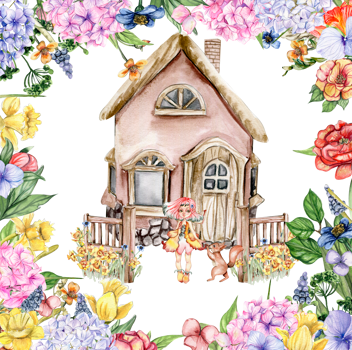 Watercolor farm composition with flowers. House in cartoon style. Hand drawn illustration of summer.Perfect for scrapbooking, kids design, wedding invitation,posters, greetings cards,party decoration. png