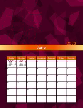 Us letter paper size vector futuristic monthly planner calendar June 2022 week starts on Sunday. Vertical polygonal organizer, habit tracker. Colorful modern illustration.
