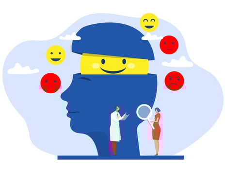 Doctor assesses symptoms negative and positive thinking reaction on head brain concept vector