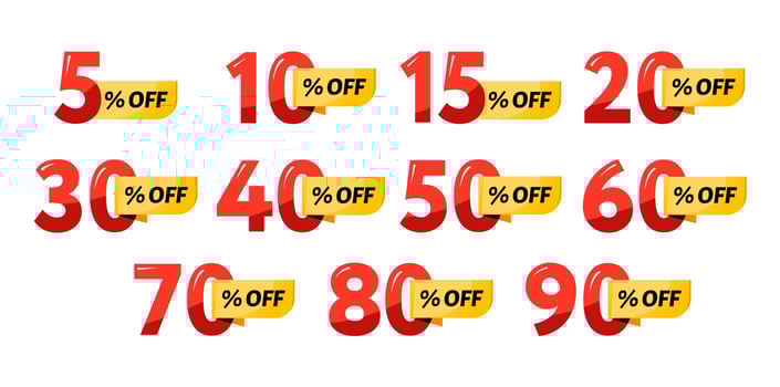 Discount label with different discount percentages. Sale label set. Discount coupon. vector