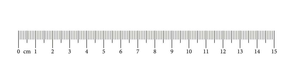 Measuring chart with 15 centimeters. Ruler scale with numbers. Length measurement math, distance, height, sewing tool. Graphic vector illustration.