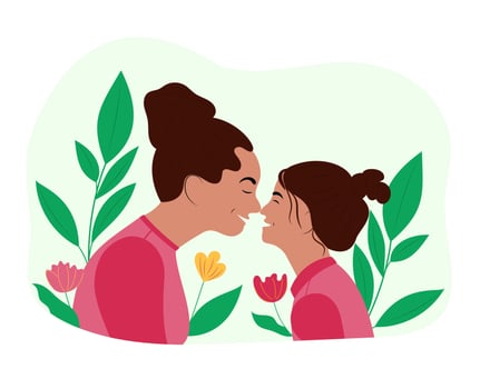 Young mother with daughter. Mothers Day. National Daughters Day. Family day. Parent and child vector illustration