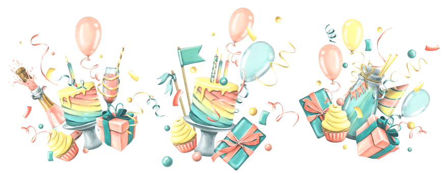 Festive rainbow cake with candles, flags, cupcake gift box, balloons and confetti. Watercolor illustration. A compositions from the HAPPY BIRTHDAY collection. For the design of greetings png
