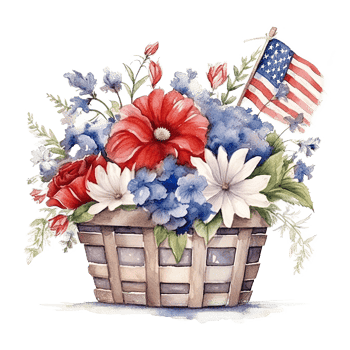 USA flag and flowers in basket. watercolor. Illustration png
