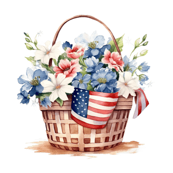 USA flag and flowers in basket. watercolor. Illustration png