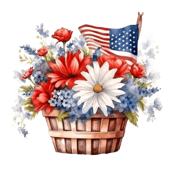 USA flag and flowers in basket. watercolor. Illustration png