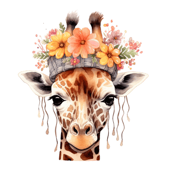 Cute giraffe in hat with flower. Watercolor. Illustration png
