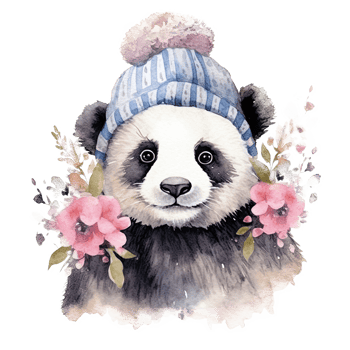 Watercolor panda in hat with flowers. Illustration png