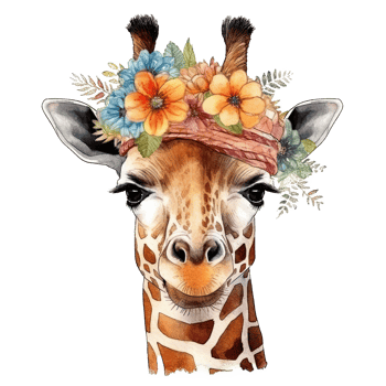 Cute giraffe in hat with flower. Watercolor. Illustration png