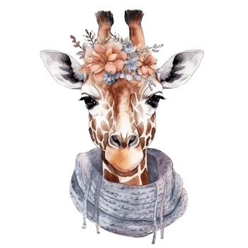 Cute giraffe in hat with flower. Watercolor. Illustration png