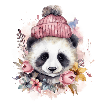 Watercolor panda in hat with flowers. Illustration png