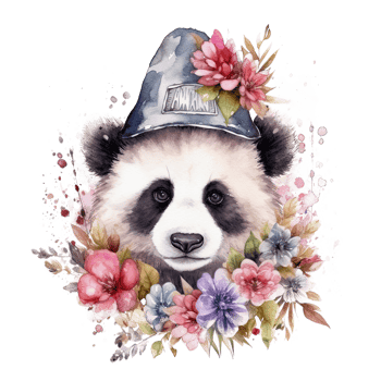 Watercolor panda in hat with flowers. Illustration png