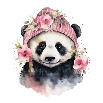 Watercolor panda in hat with flowers. Illustration png