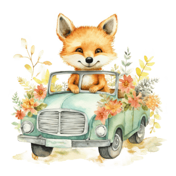 Cute watercolor baby animal in car. Illustration png