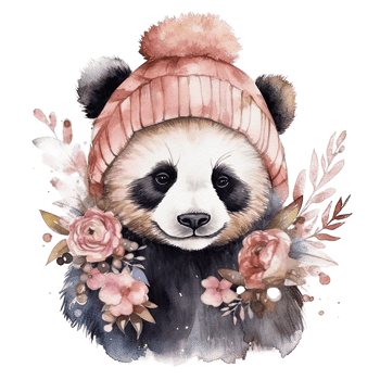 Watercolor panda in hat with flowers. Illustration png