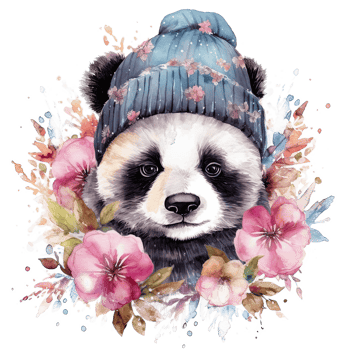 Watercolor panda in hat with flowers. Illustration png