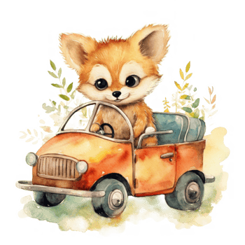 Cute watercolor baby animal in car. Illustration png