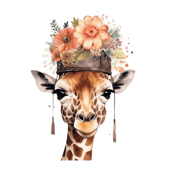 Cute giraffe in hat with flower. Watercolor. Illustration png