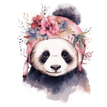 Watercolor panda in hat with flowers. Illustration png