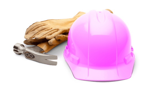 Pink Safety Construction Hard Hat, Hammer and Leather Gloves Isolated - Transparent PNG. png