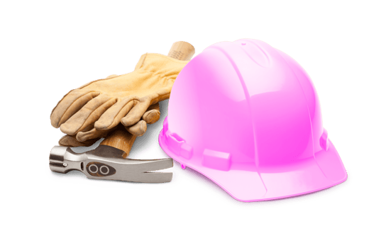 Pink Safety Construction Hard Hat, Hammer and Leather Gloves Isolated - Transparent PNG. png
