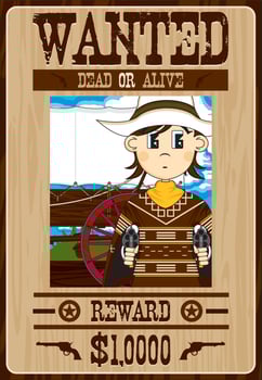 Cute Cartoon Wild West Gunslinging Cowboy Wanted Dead or Alive Poster vector
