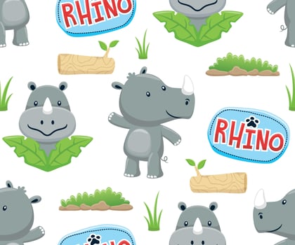 Seamless pattern vector of cartoon funny rhino, forest elements illustration