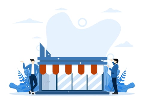 open store front or online store front concept, Business owner and entrepreneur starting small business or retail shop, confident entrepreneur standing by opening his new company or shop front. vector
