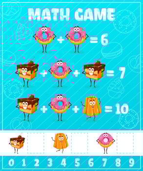 Cartoon desserts, donut cakes, math game worksheet vector