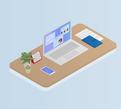 Workplace. Laptop, phone, notebook, calendar and potted flowers on the desktop. Work from home or office. Isometric vector illustration.
