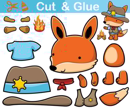 Vector illustration of funny fox cartoon in cowboy costume with bonfire. Cutout and gluing.