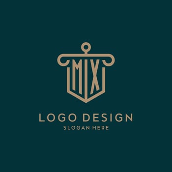 MX monogram initial logo design with shield and pillar shape style vector