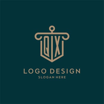 QX monogram initial logo design with shield and pillar shape style vector