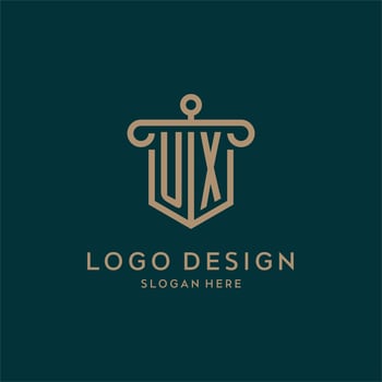 UX monogram initial logo design with shield and pillar shape style vector