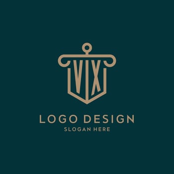 VX monogram initial logo design with shield and pillar shape style vector