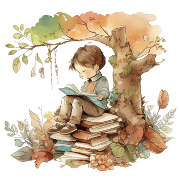 Boy reading book watercolor, png