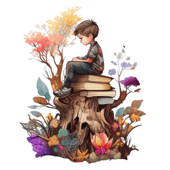 boy reading book watercolor, png