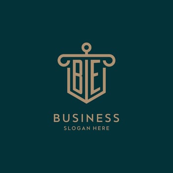 BE monogram initial logo design with shield and pillar shape style vector