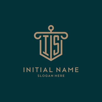 IS monogram initial logo design with shield and pillar shape style vector