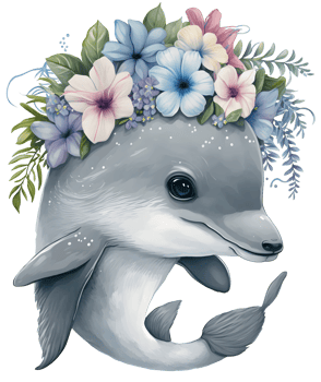 baby dolphin with floral vibe, png