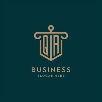 QR monogram initial logo design with shield and pillar shape style vector