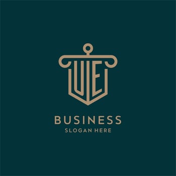 UE monogram initial logo design with shield and pillar shape style vector